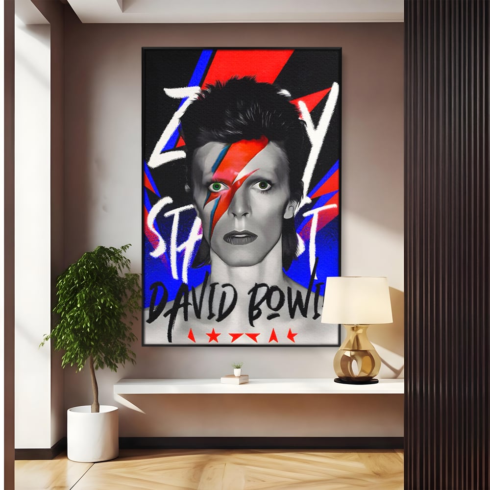 Tablou canvas cu tablou portret david bowie cu fulger, in rama de aluminiu negru